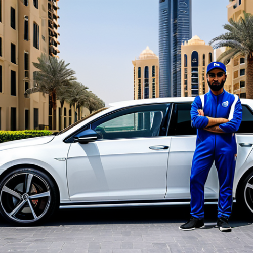 **

"A professional driver in a fully clothed, modest racing suit inside a Volkswagen Golf R. The car is parked on a clean city street in Dubai, with modern architecture in the background.  Safe for work, appropriate content, perfect anatomy, correct proportions, well-formed hands, natural body proportions, professional automotive photography, high quality."

**