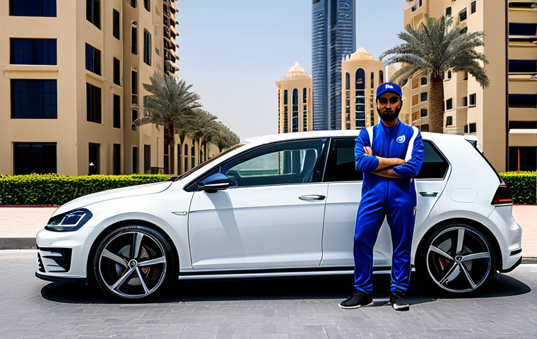 **

"A professional driver in a fully clothed, modest racing suit inside a Volkswagen Golf R. The car is parked on a clean city street in Dubai, with modern architecture in the background.  Safe for work, appropriate content, perfect anatomy, correct proportions, well-formed hands, natural body proportions, professional automotive photography, high quality."

**